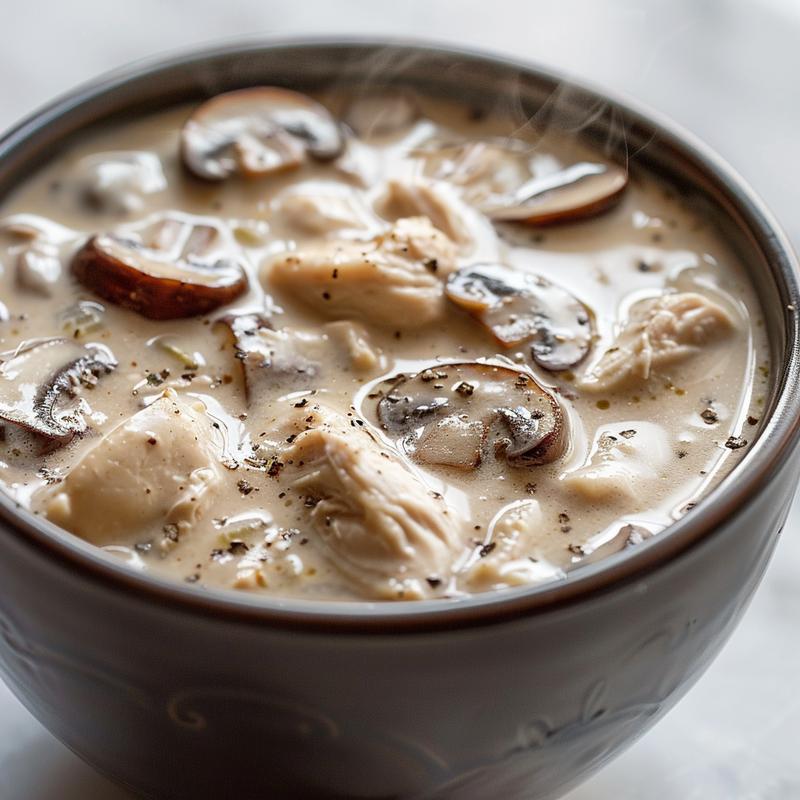 A close-up view of a bowl of creamy chicken and mushroom soup, steam rising, on a white marble surface.