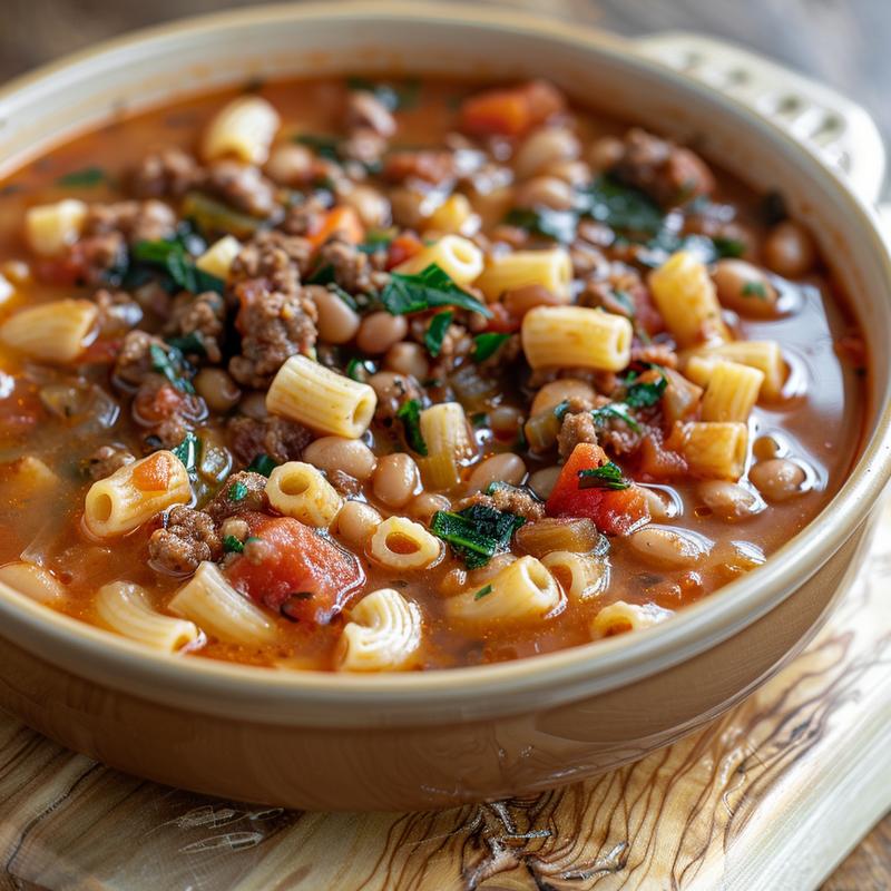Close-up of a bowl of hearty pasta e fagioli soup on a wooden surface.