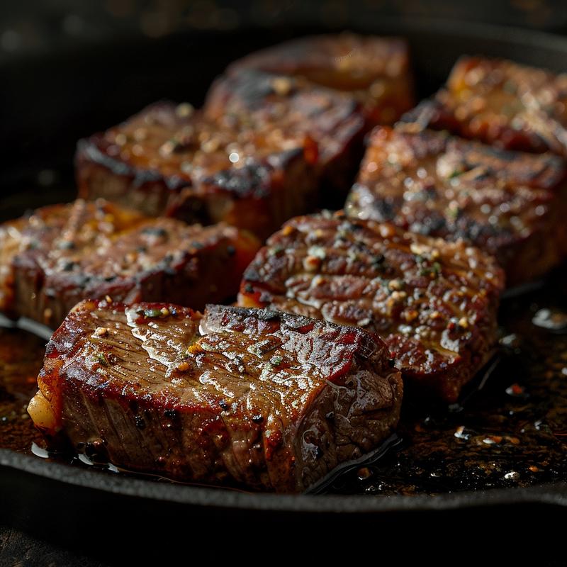 Close-up of keto crockpot pork chops on a cast iron surface with dramatic lighting.