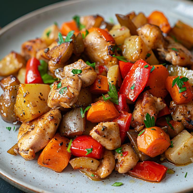 Close-up of crockpot chicken with colorful vegetables on a minimalist light grey plate.
