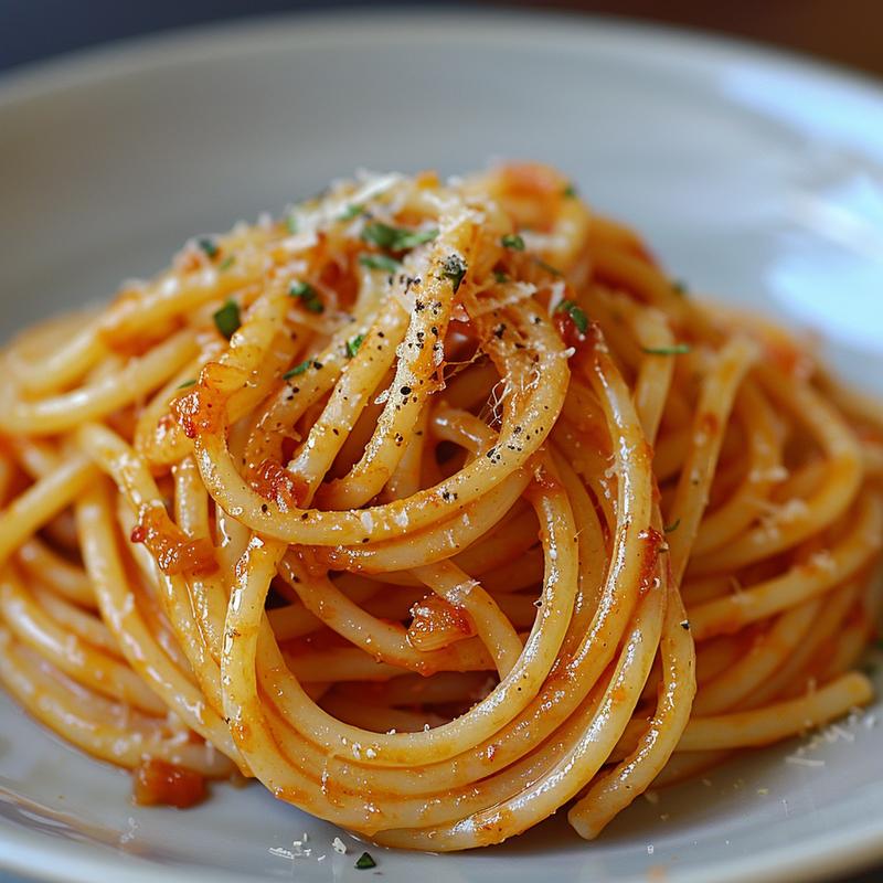 Close-up of a serving of million dollar spaghetti on a light grey plate, showcasing its texture and sauce.