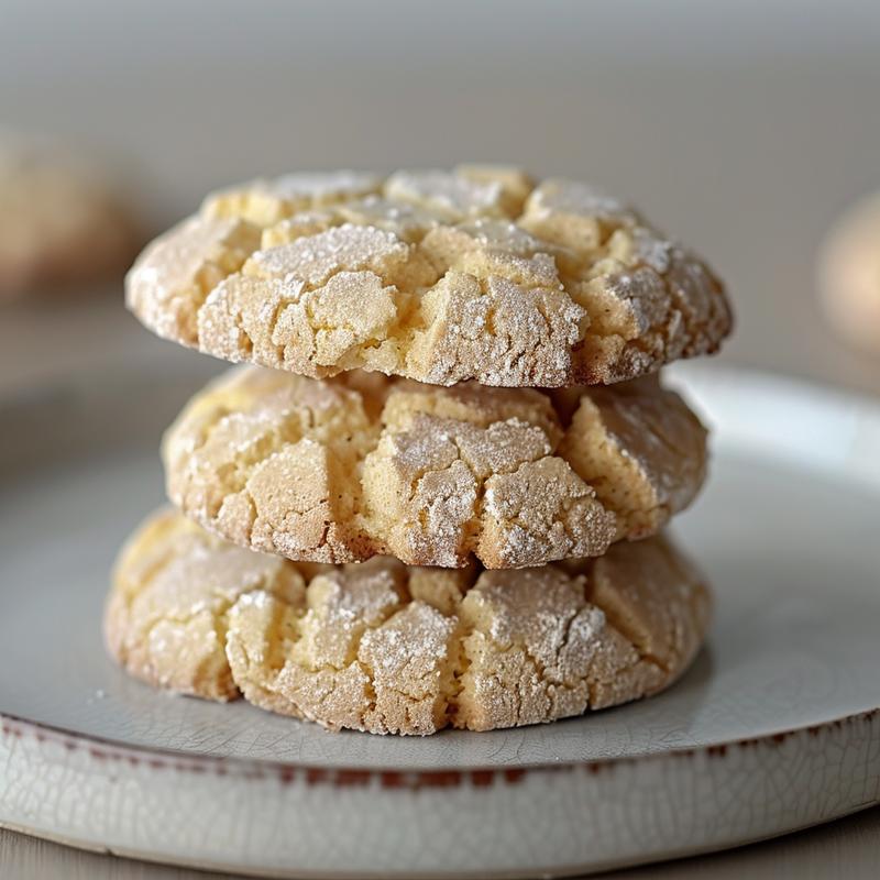 Close-up of three golden lemon crinkle cookies on a light grey plate.