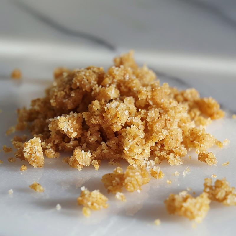 Close-up of a textured crumble topping on a white marble surface.