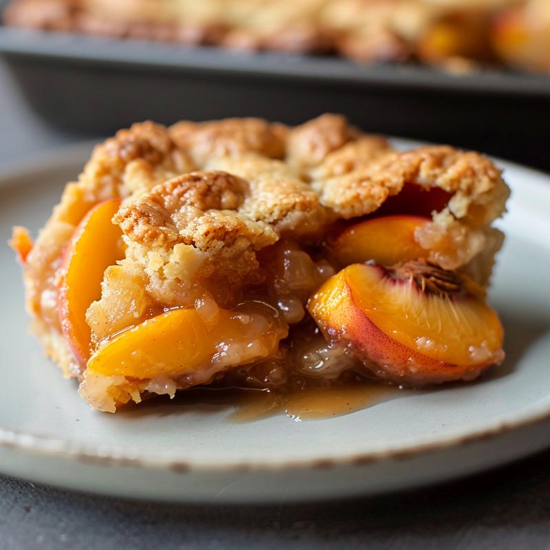 Close-up of a portion of peach cobbler on a grey ceramic plate, showcasing its golden crust and juicy filling.