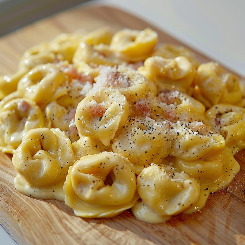 A close-up of creamy Italian tortellini carbonara on a wooden board, showcasing rich sauce and texture.
