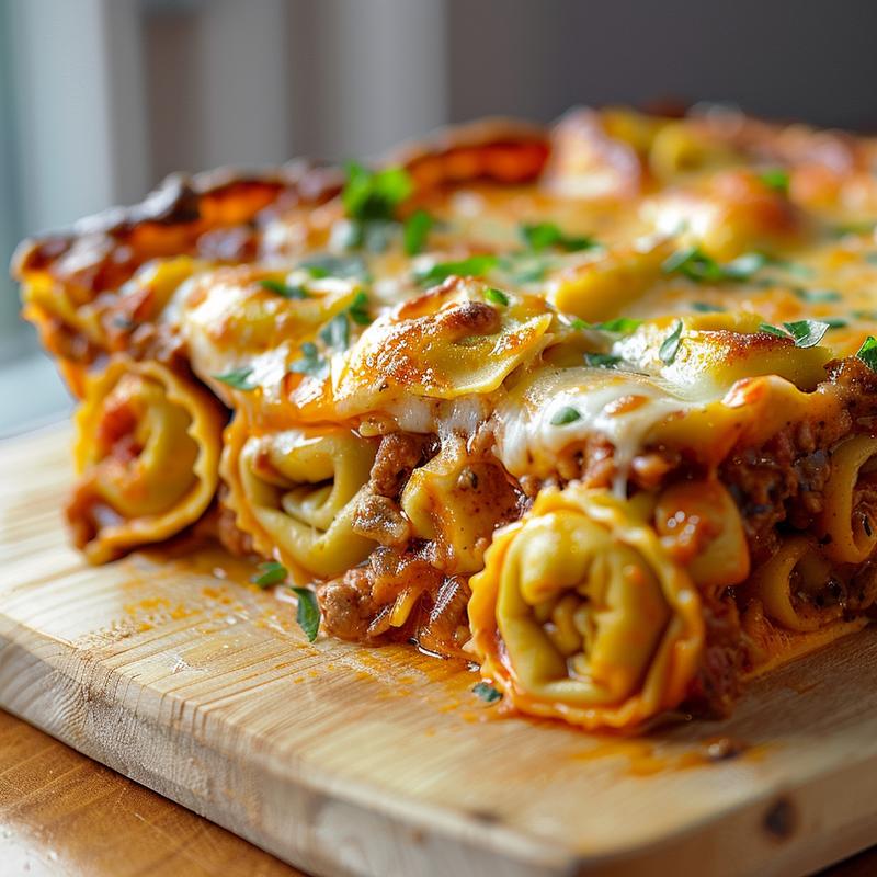 Close-up of baked tortellini casserole with melted cheese and rich sauce on a wooden board.