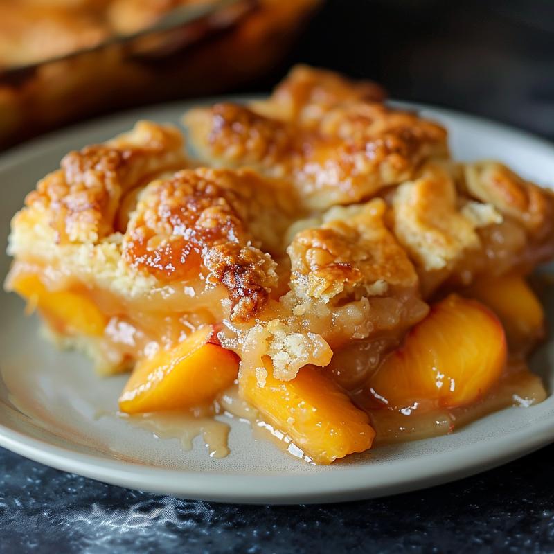 Close-up of a slice of southern peach cobbler on a light grey plate.