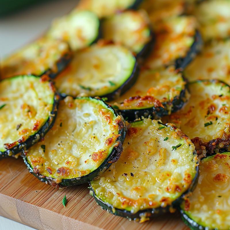 Close-up of golden-brown air fryer parmesan crusted zucchini slices on a light wooden board.