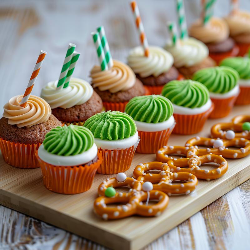 Close-up of colorful Seuss-themed treats on a wooden board.