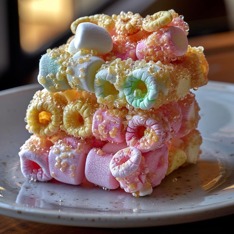 Close-up of colorful Fruit Loop marshmallow rainbows on a light grey plate.