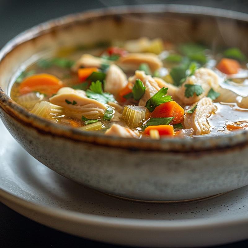 A close-up of steaming chicken soup in a light grey ceramic bowl, showcasing tender chicken pieces and vegetables.