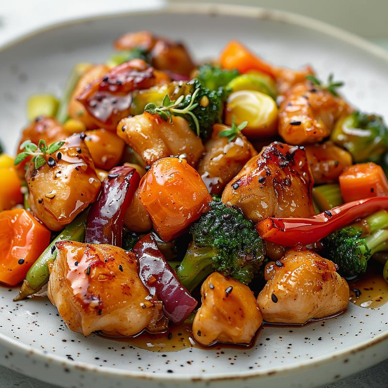 A close-up of tender honey garlic chicken pieces and vibrant vegetables on a light grey plate.