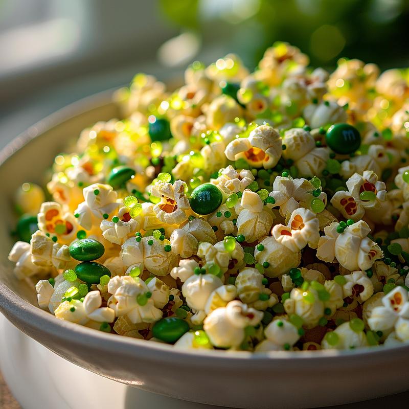 Close-up of St. Patrick's Day popcorn mix with green candies and white chocolate.