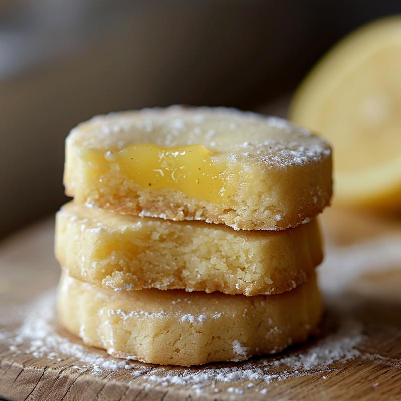Stack of three lemon curd shortbread cookies on a wooden board.