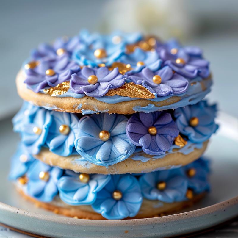 Stack of three blue and gold hydrangea sugar cookies.