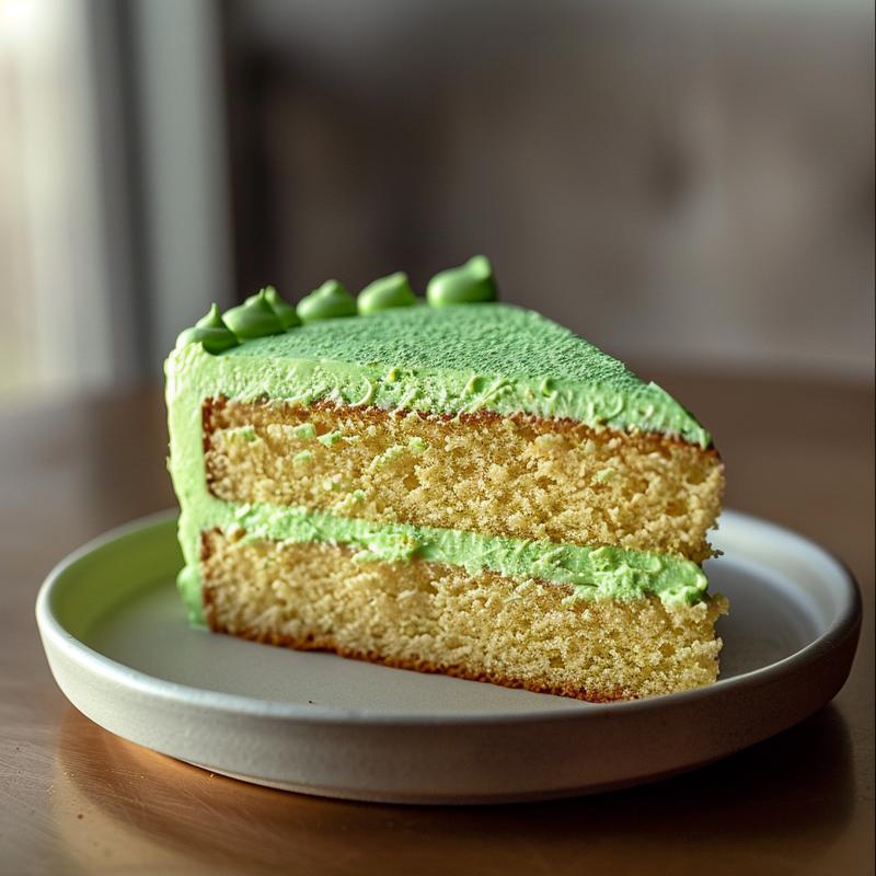 Close-up of bright green cake slice on a light gray plate.