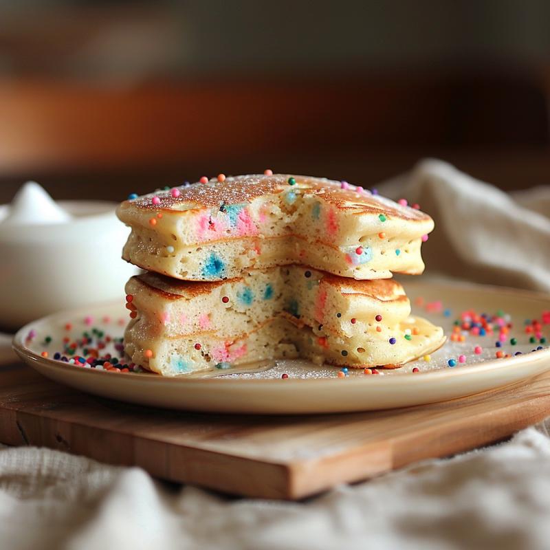 Close-up of a stacked Funfetti pancake slice on a wooden board.