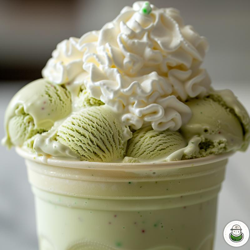 Close-up of a shamrock shake with whipped cream on a marble surface.