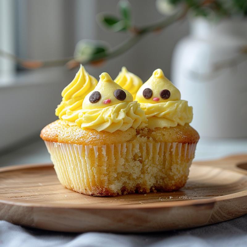 Close-up of a cupcake decorated as an Easter chick with yellow buttercream.
