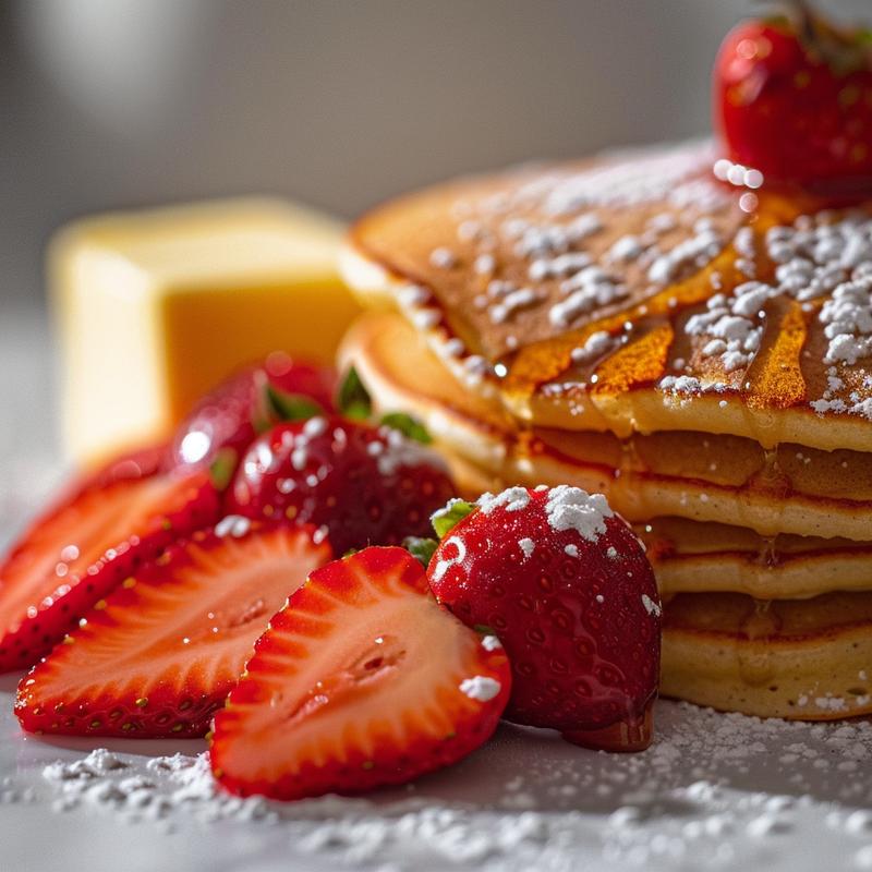 Close-up of pancake ingredients: pancake mix, strawberries, milk, and eggs on a white marble surface.