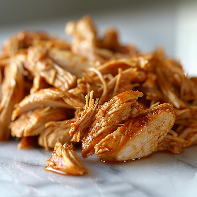 A close-up of slow cooker Mexican shredded chicken on a white marble surface.