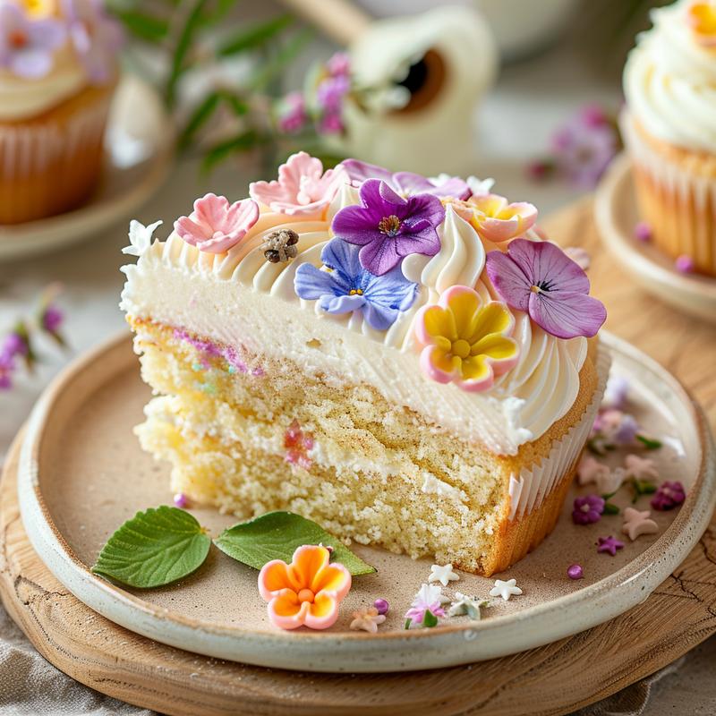 Close-up of a decorated floral cupcake on a light wood board.