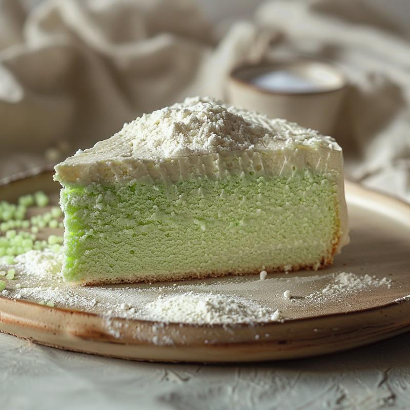 Close up of a slice of green and white layered cake on a plate.