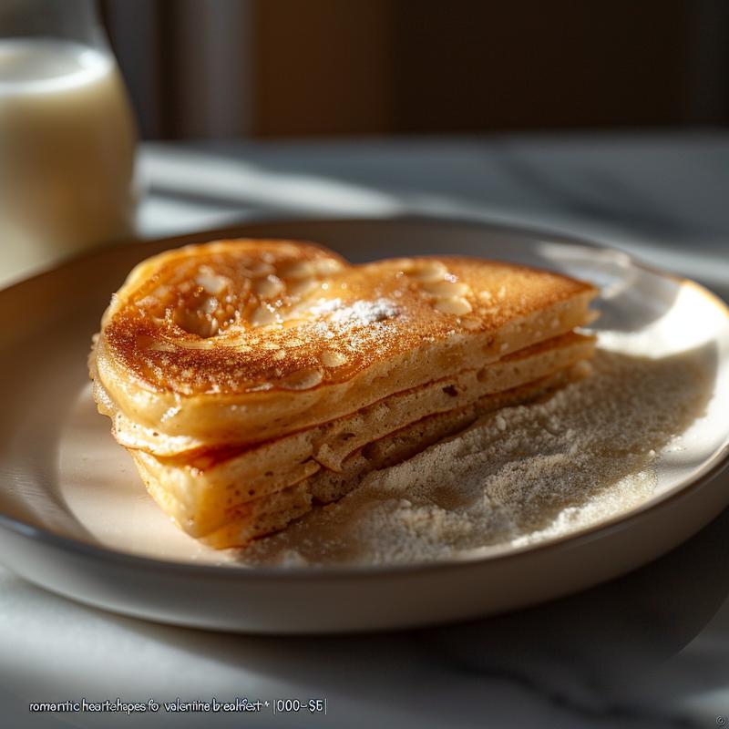 Heart-shaped pancakes on a white plate, marble background, bright lighting.