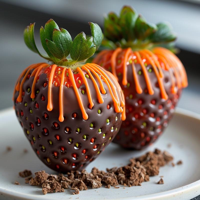 Close-up of orange chocolate-covered strawberries resembling carrots on a grey plate.