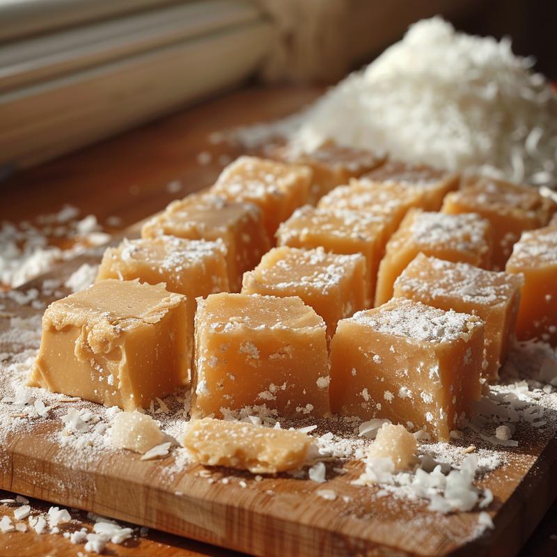Close-up of Irish potato candies on a light wood board.