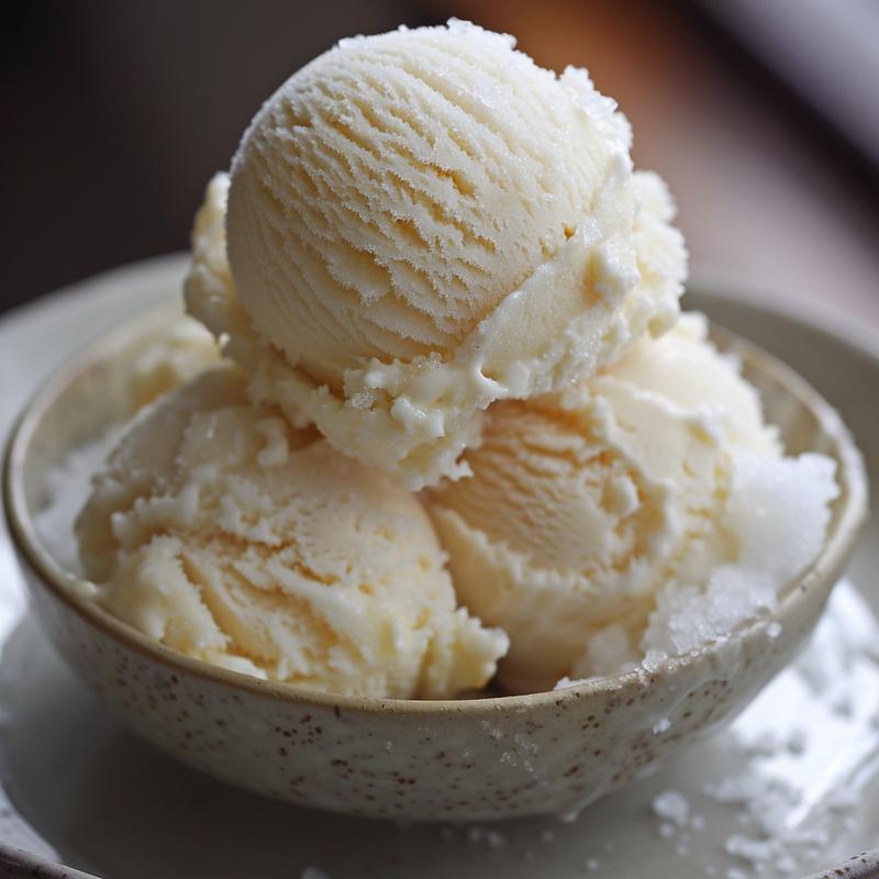 Close-up of snow ice cream on a light grey plate.
