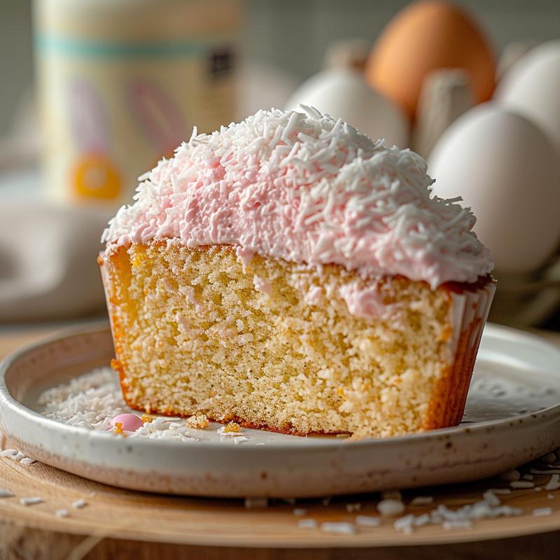 Close-up of a slice of Easter bunny egg cupcake with pink frosting and coconut flakes on a wooden board.