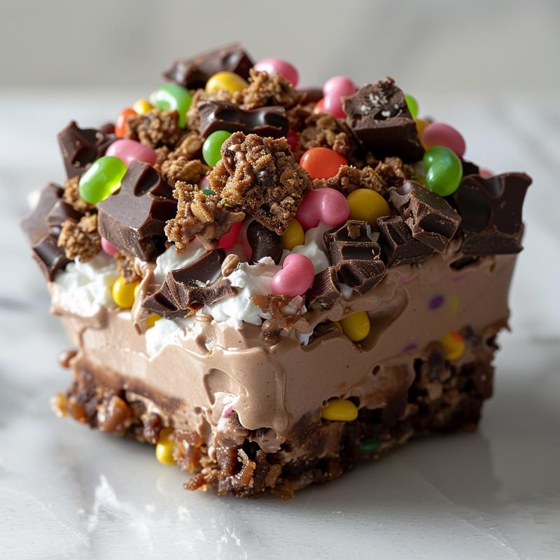 Close-up of an Easter dirt cup dessert with crushed cookies, pudding, whipped topping, and gummy worms.