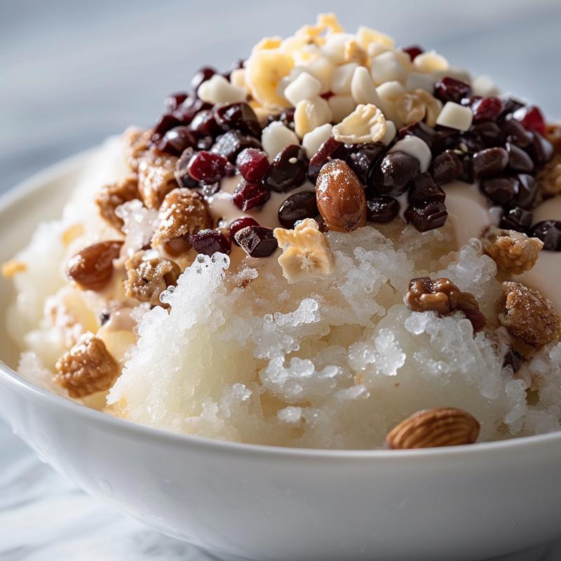 Close-up of a Bingsu machine with shaved ice, milk, and toppings.