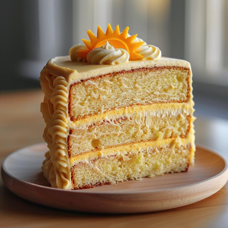 Slice of yellow, orange, and white frosted cake on a wooden board.