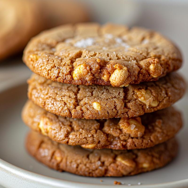 Stack of three golden-brown cookies on a light grey plate.