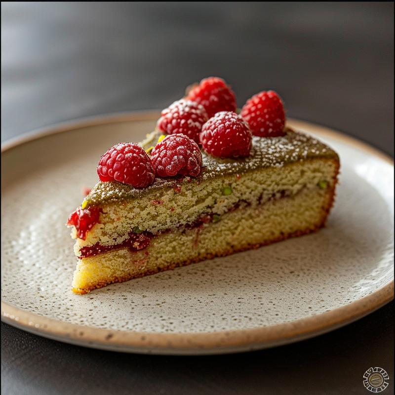 Close-up of a slice of pistachio raspberry cake on a grey plate.