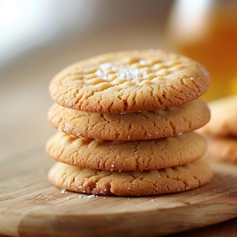 Three sugar cookies stacked on a light wood board.
