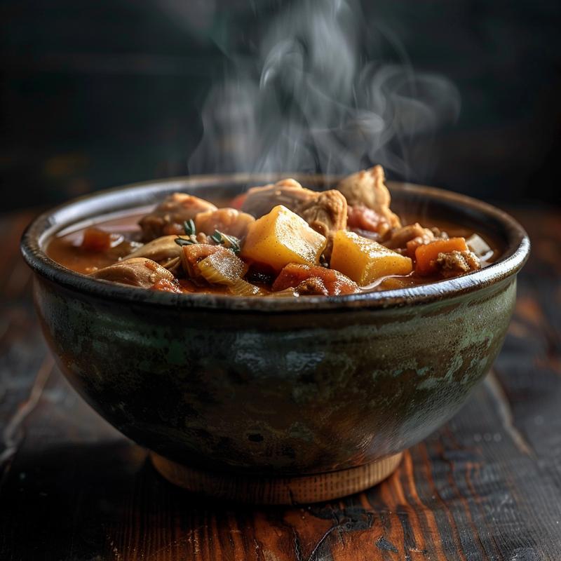 A close-up of a bowl of chicken stew with visible vegetables and herbs, steaming on a wooden table.