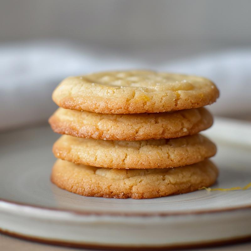 Stack of three lemon cookies on a gray plate.
