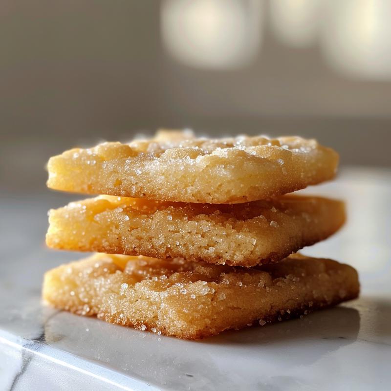 Stack of three lemon snowflake cookies on white marble.