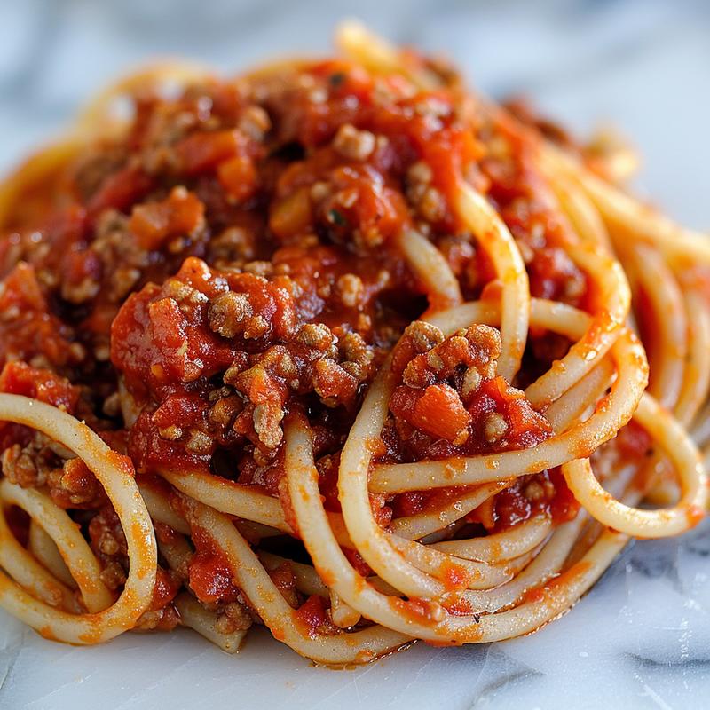 A close-up of rich, red slow cooker spaghetti sauce in a white bowl on a marble surface.
