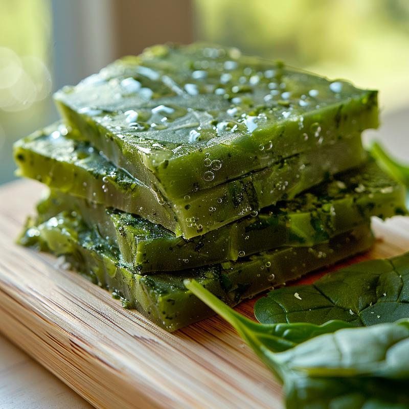 Close-up of green liquid and spinach on a light wooden board.