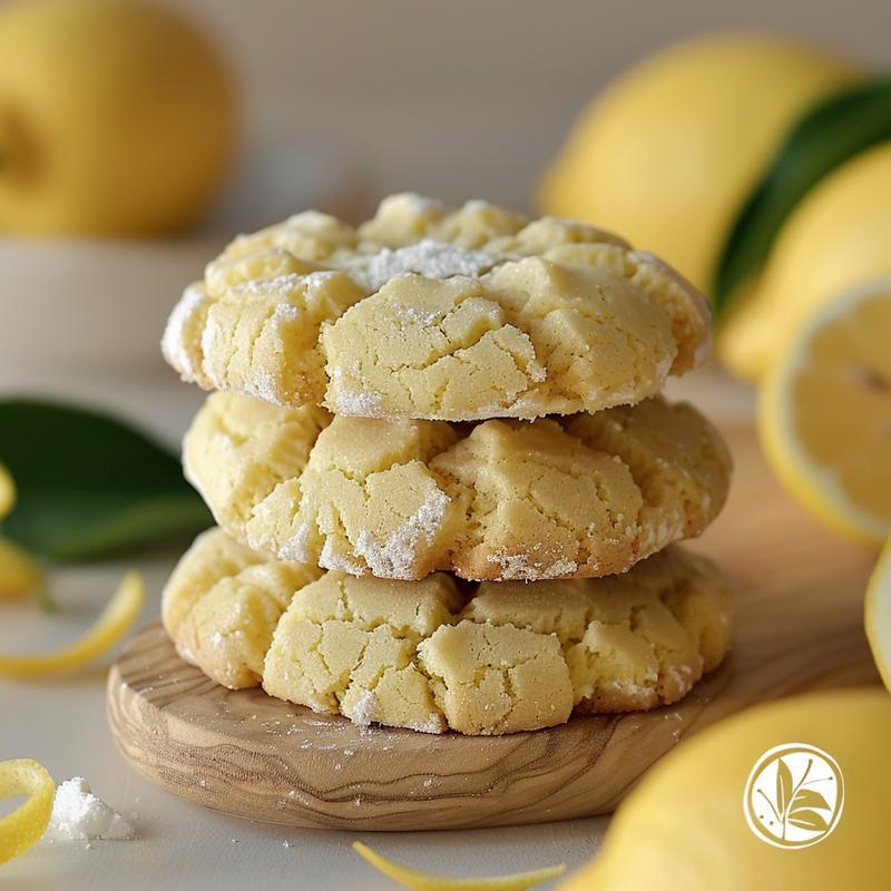 Stack of three lemon crinkle cookies on light wood.