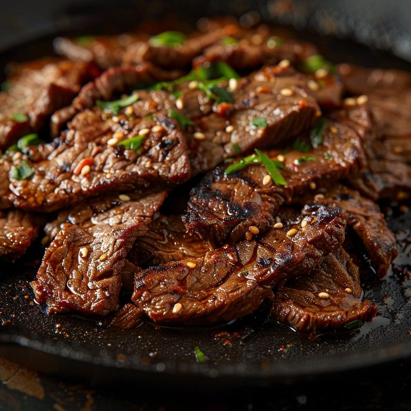 Close-up of Korean beef served in a rustic bowl on a cast iron surface.