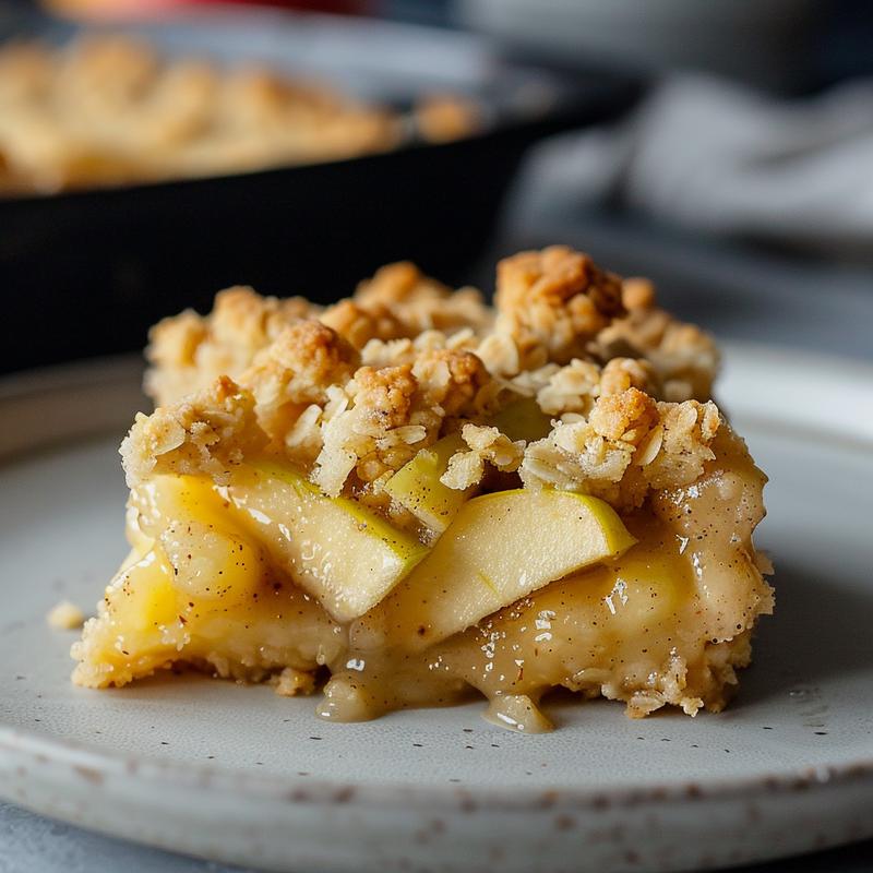 Close-up of a delicious apple crumble in a light grey ceramic dish, showcasing its crispy topping and warm filling.