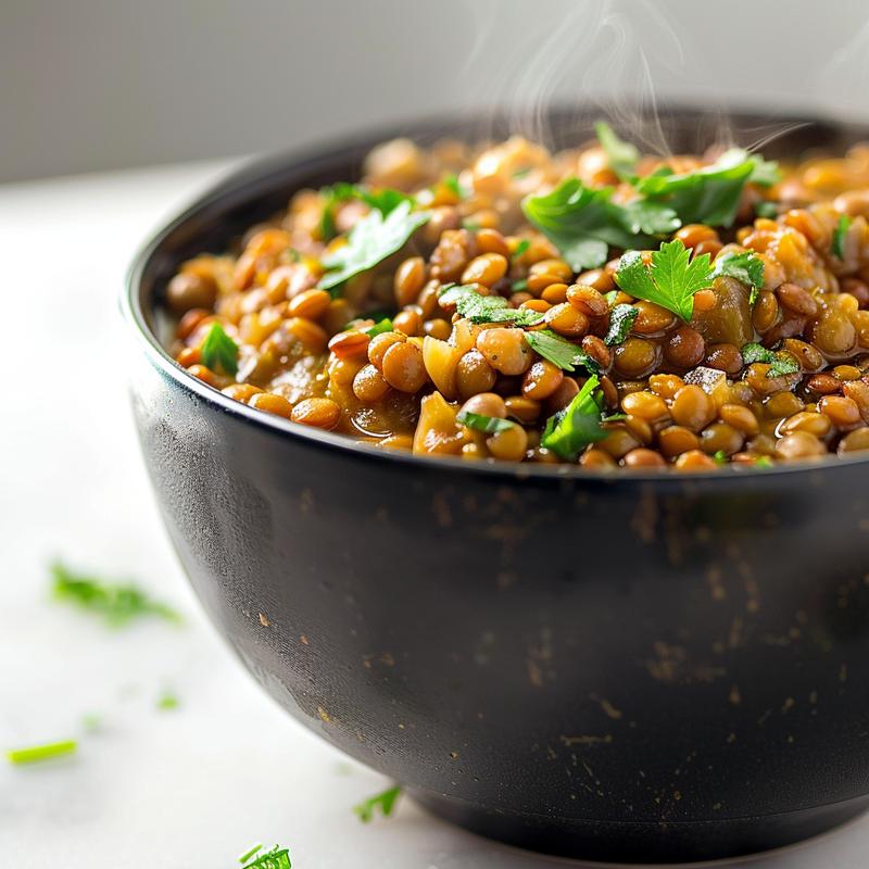 A bowl of steaming lentil soup with rich textures, placed on a white marble surface.