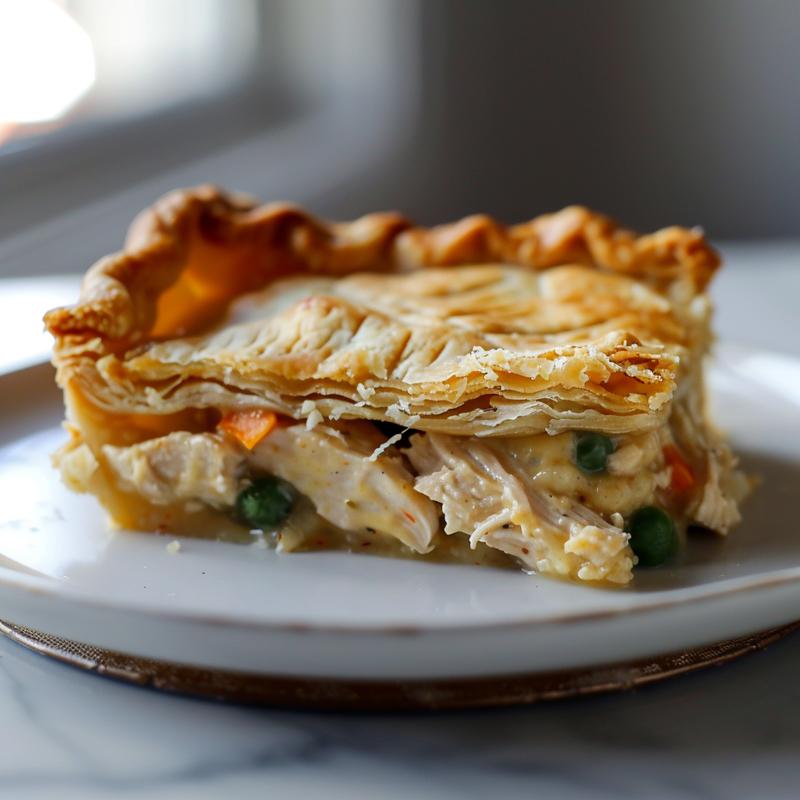 Close-up of a slice of chicken pot pie on a white plate, showcasing flaky crust and filling.