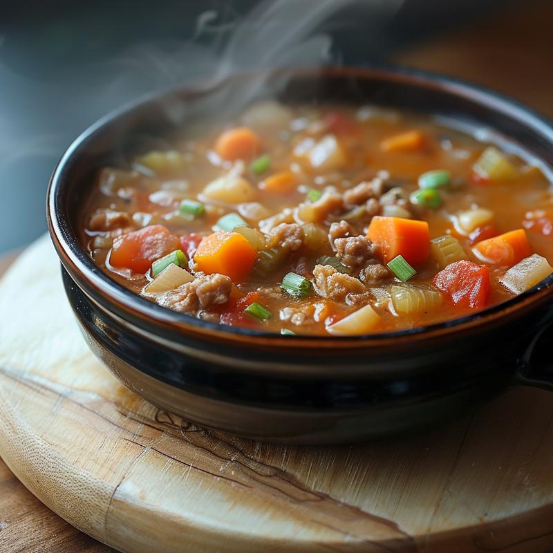 A close-up of a steaming bowl of healthy slow cooker soup on a natural wood board.
