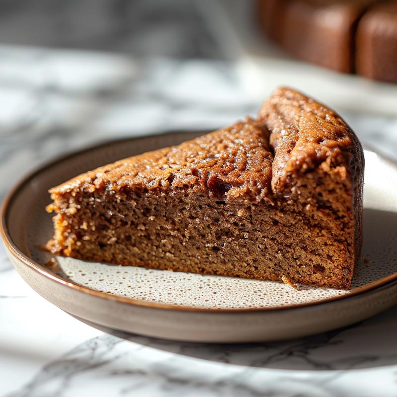 Close-up of a slice of cake on a white plate, showcasing its texture and color.